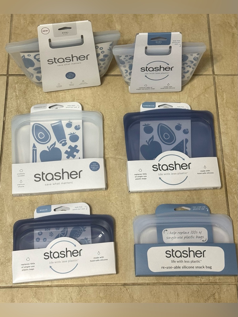 Stasher™  4 Cup Bowl, 2 Cup Bowl, 2 Sandwich & 2 Snacks